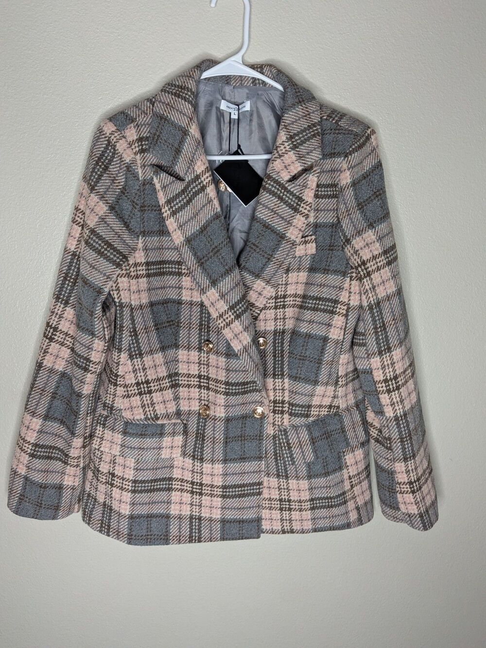Area Stars Plaid Double Breasted Blazer Women’s L Pink Gray Preppy NWT